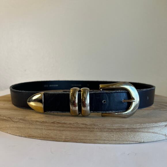 Vintage 90s USA Made Blue Black Genuine Leather Double Gold Buckle Belt Size XL - Picture 5 of 12